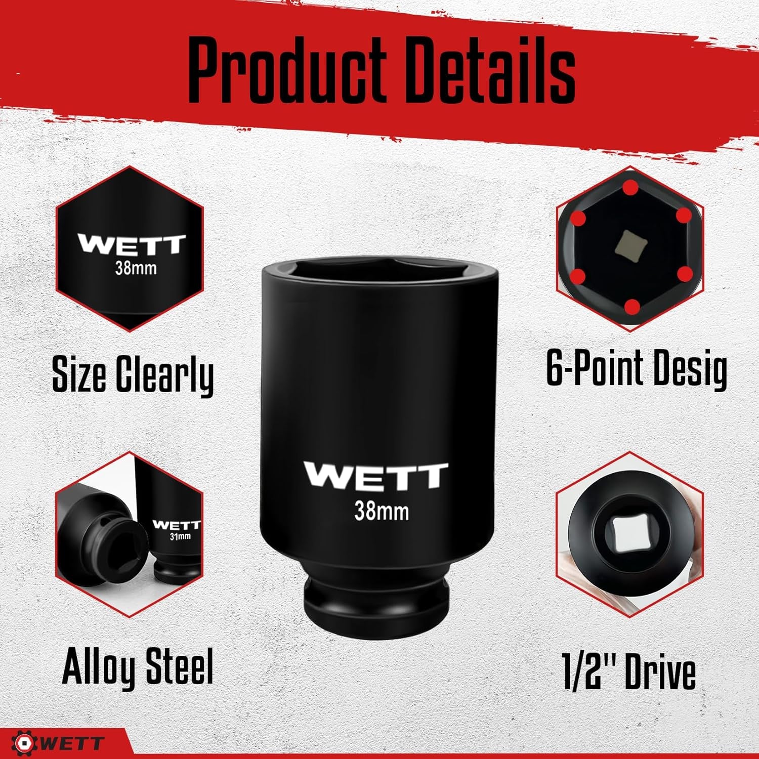 1/2" Drive Deep Large Impact Socket Set, 9-Piece Spindle Axle Nut Metric 6 Point Sockets Set, CR-V, 29Mm-38Mm