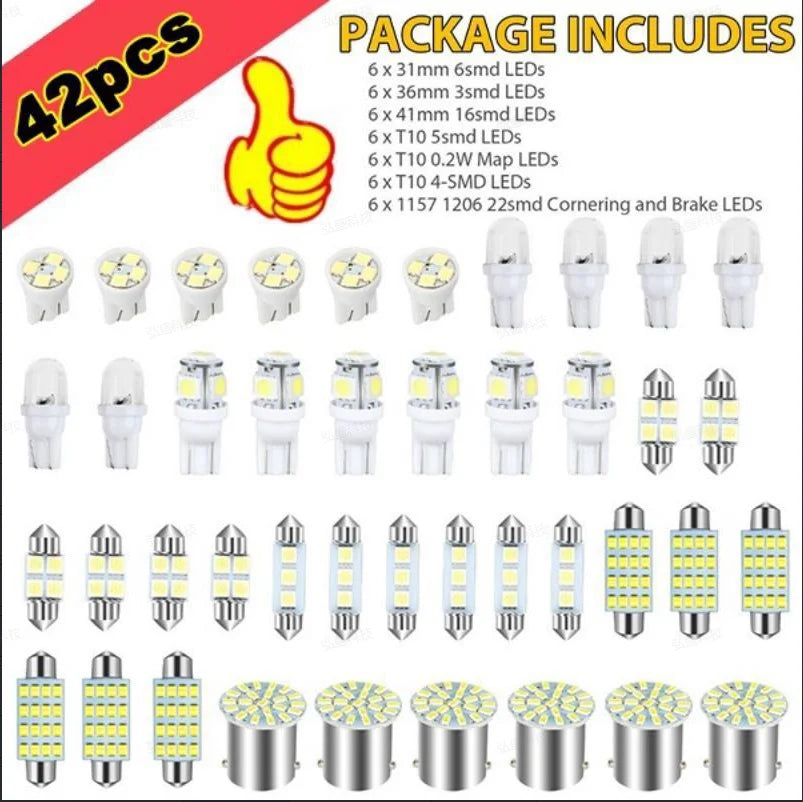 42Pcs LED Car Interior Lights T10 6000K SMD LED Replacement License Plate/Reading Light Bulbs Xenon White Interior Light