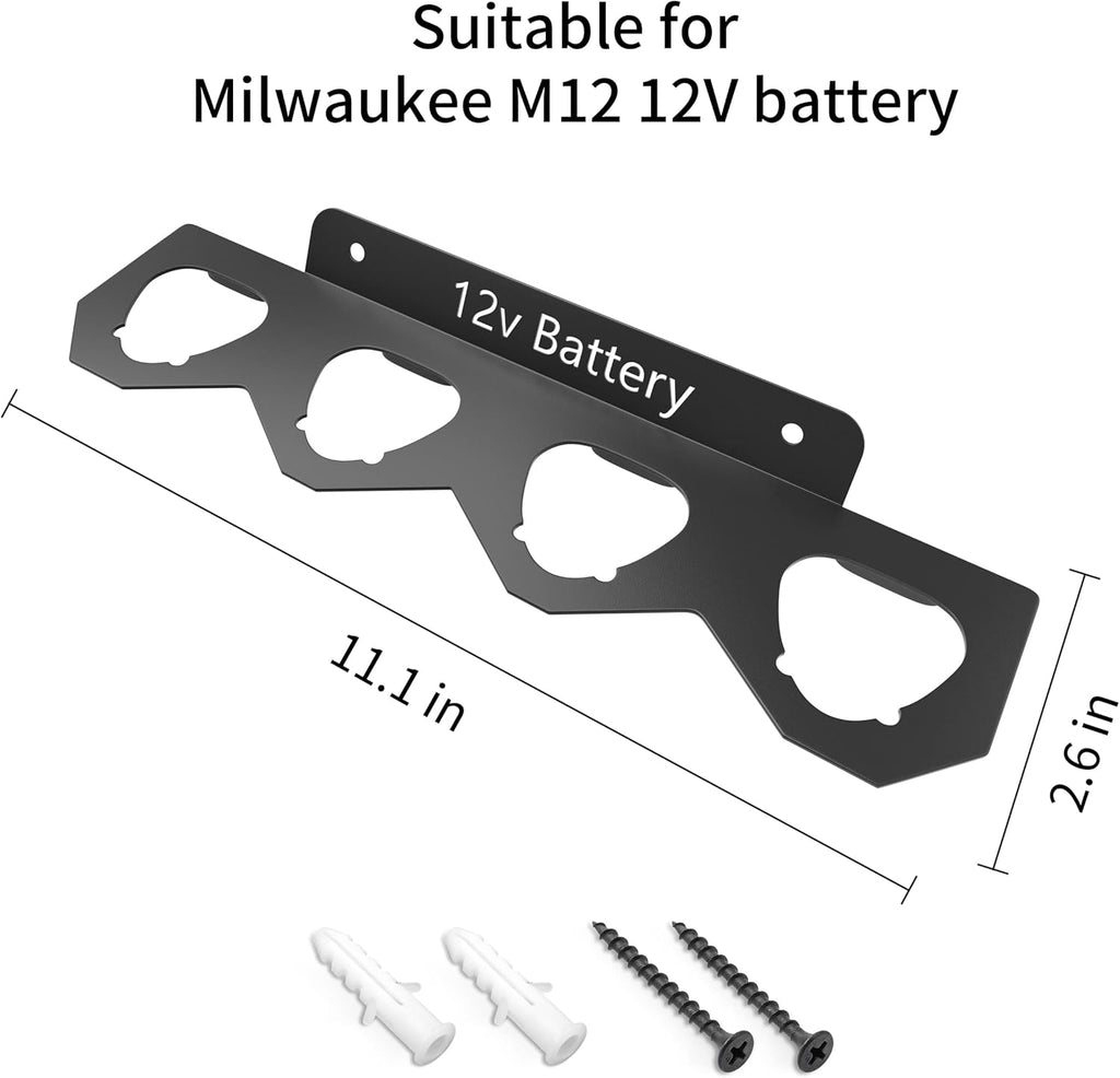 Metal Milwaukee M12 Battery Holder,Durable Battery Wall Mount Rack for Milwaukee M12 12V Battery,Milwaukee Battery Storage with 4 Slots,Battery Mount Organizer for Milwaukee,Black