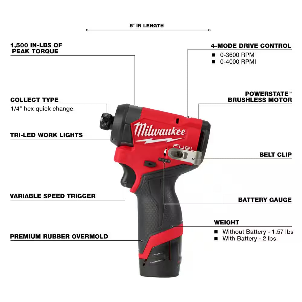 M12 FUEL 12-Volt Lithium-Ion Brushless Cordless 1/4 In. Hex Impact Driver Kit with M12 3/8 In. Ratchet