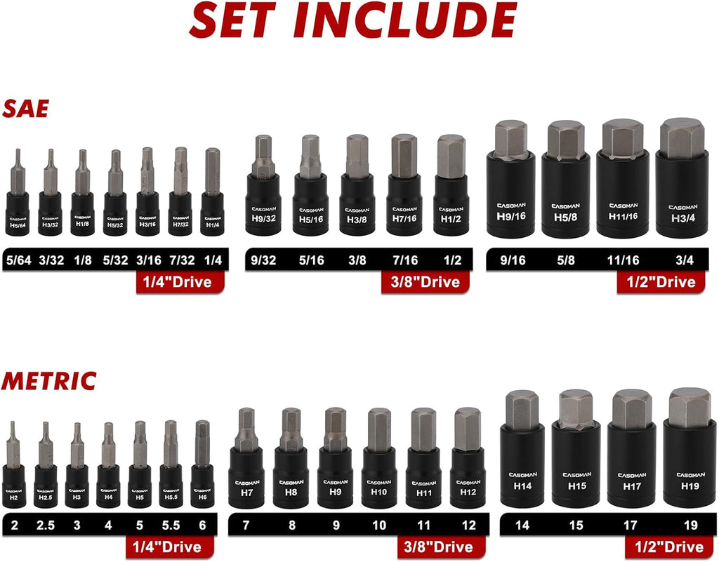 71-Piece Master Hex & Torx Bit Socket Set, 1/4" & 3/8" & 1/2" Drive, Metric/Sae Hex Bit Sockets, Star Bit Sockets (T6 - T70), E-Torx Sockets (E4 - E24), with Storage Case