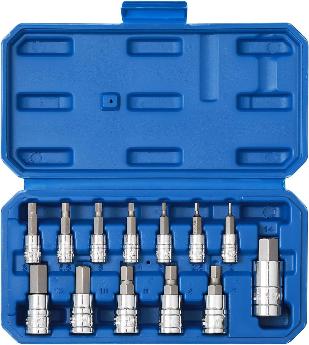 13PCS Metric Hex Bit Socket Set, CR-V Allen Bit Socket Kit, S2 Steel, 2Mm - 14Mm, 1/4", 3/8" & 1/2" Drive