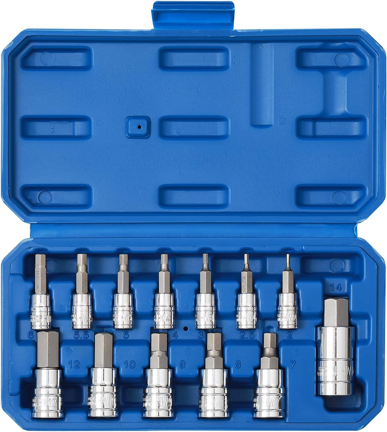 13PCS Metric Hex Bit Socket Set, CR-V Allen Bit Socket Kit, S2 Steel, 2Mm - 14Mm, 1/4", 3/8" & 1/2" Drive