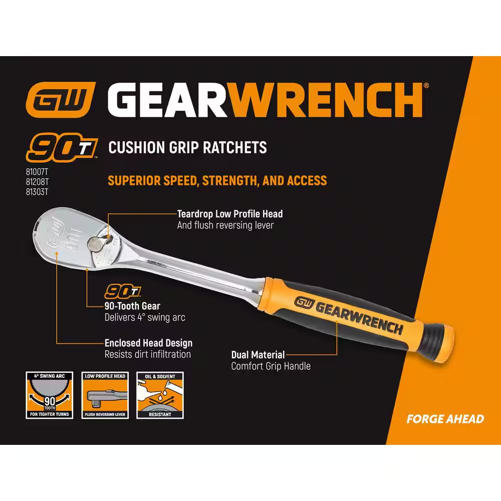 1/4 In. Drive 90-Tooth Dual Material Teardrop Ratchet