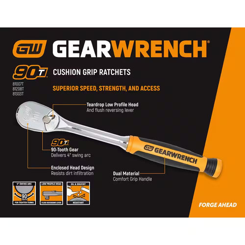 1/4 In. Drive 90-Tooth Dual Material Teardrop Ratchet