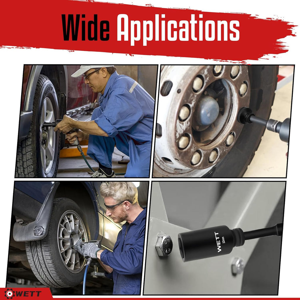 1/2" Drive Deep Large Impact Socket Set, 9-Piece Spindle Axle Nut Metric 6 Point Sockets Set, CR-V, 29Mm-38Mm