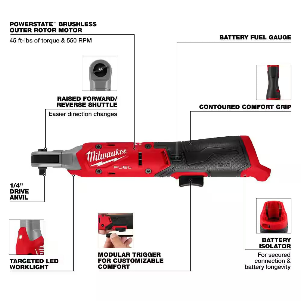 M12 FUEL 12V Lithium-Ion Compact 1/4 In. Cordless Ratchet (Tool-Only)