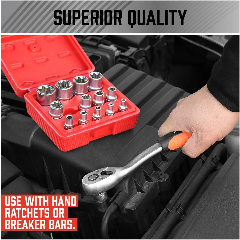 14-Piece E-TORX Socket Set - Premium Female Torx Socket Set, Ultimate Torque Star Sockets, External Torx Sockets, E4 E5 E6 E7 E8 E10 E11 E12 E14 E16 E18 E20 E22 E24