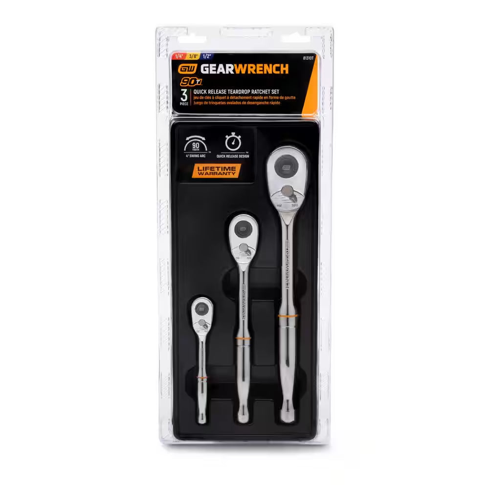 1/4 In., 3/8 In., and 1/2 In. Drive 90-Tooth Quick Release Teardrop Ratchet Set (3-Piece)