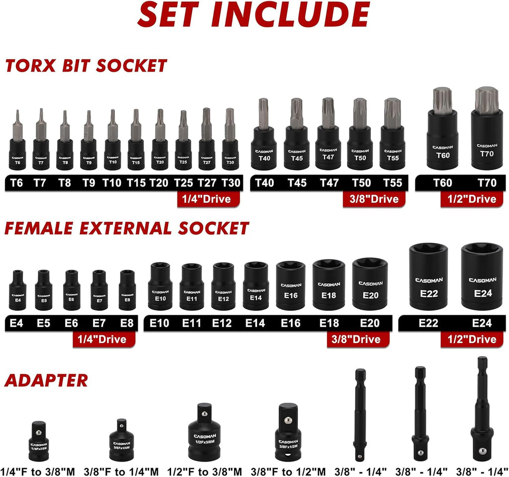 71-Piece Master Hex & Torx Bit Socket Set, 1/4" & 3/8" & 1/2" Drive, Metric/Sae Hex Bit Sockets, Star Bit Sockets (T6 - T70), E-Torx Sockets (E4 - E24), with Storage Case