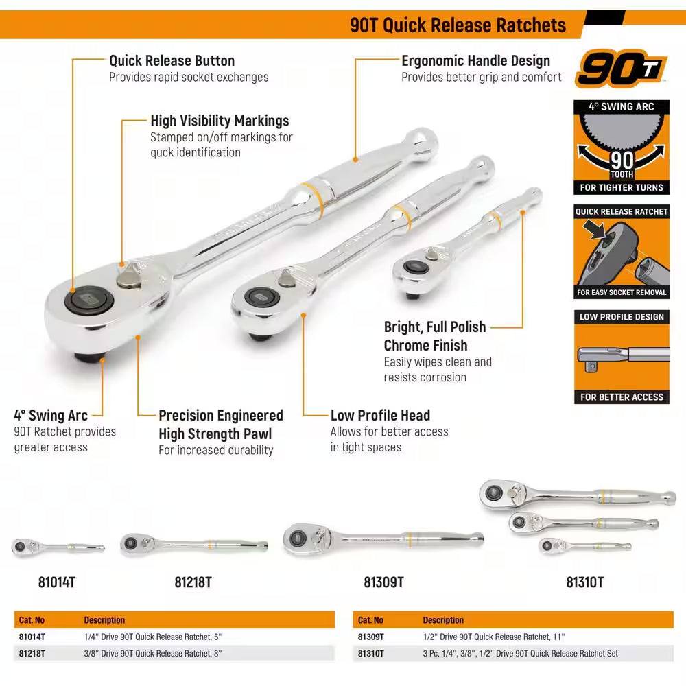 1/4 In., 3/8 In., and 1/2 In. Drive 90-Tooth Quick Release Teardrop Ratchet Set (3-Piece)