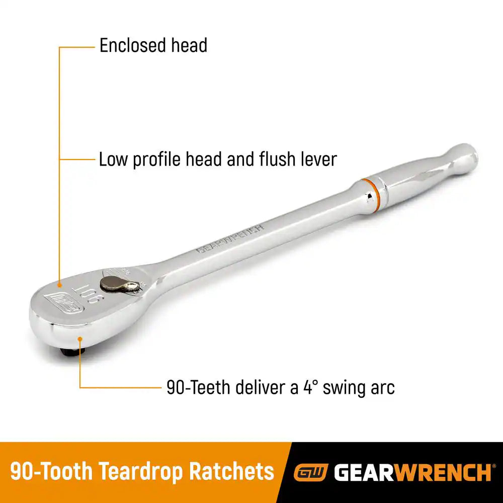 1/2 In. Drive 90-Tooth Long Handle Teardrop Ratchet