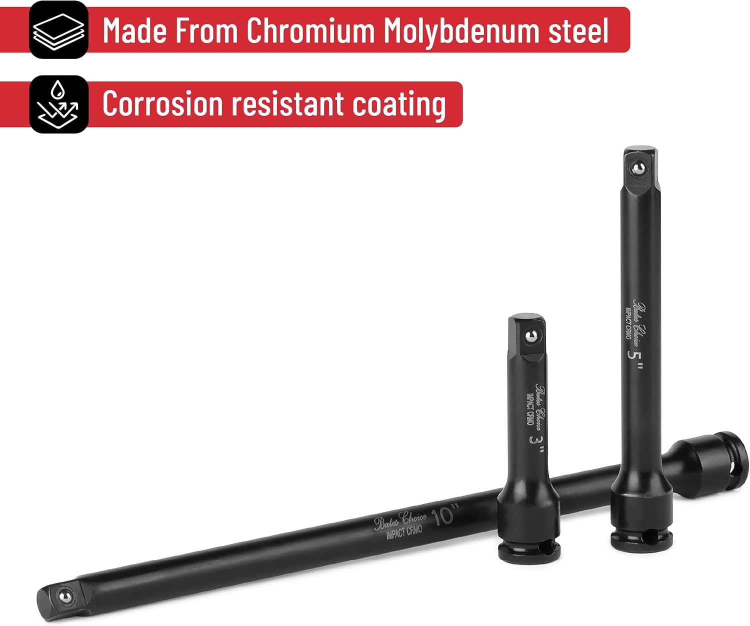 Bates- Impact Extension Bar Set, 3/8" Drive, 3 Pack, 3", 5", 10", 42 Crmo Steel, 3/8 Impact Extension Set