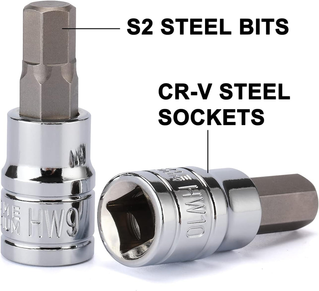 13PCS Metric Hex Bit Socket Set, CR-V Allen Bit Socket Kit, S2 Steel, 2Mm - 14Mm, 1/4", 3/8" & 1/2" Drive