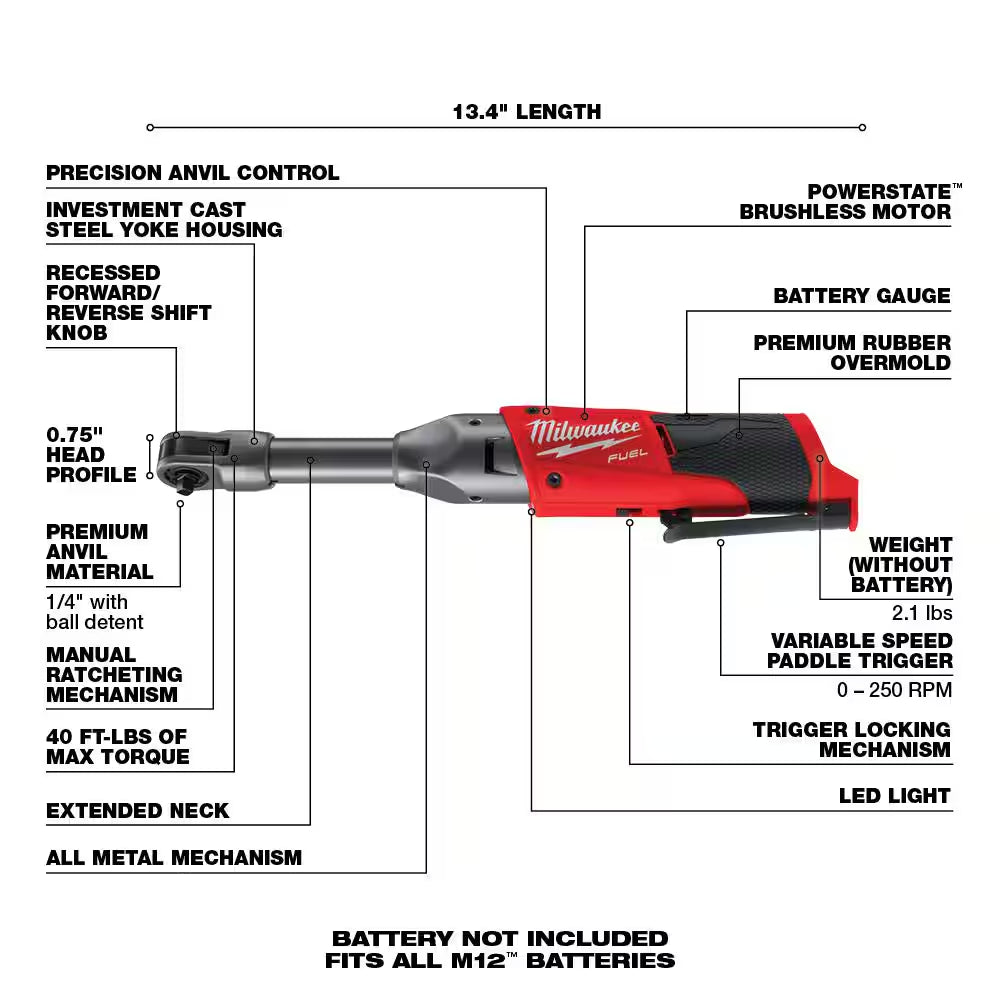 M12 FUEL 12V Lithium-Ion Brushless Cordless 1/4 In. Extended Reach Ratchet (Tool-Only)