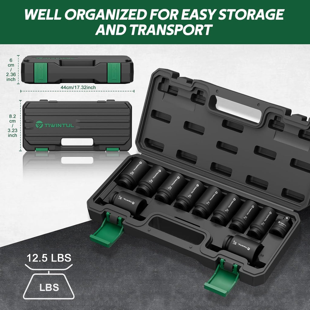11-Piece Axle Nut Socket Set, Metric 1/2 Impact Socket 27Mm-38Mm, CR-MO 3/4"-1/2" Adapter, 6-Point Deep Socket Set for Installing and Removing Axle Nuts, with Portable Storage Case