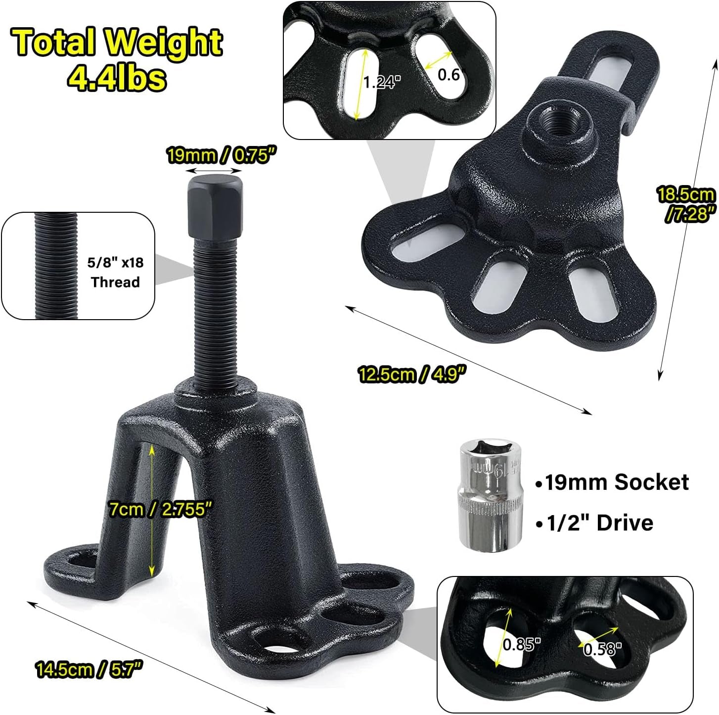 Universal Front Wheel Bearing Puller(Max 4-5/8") & Rear Axle Puller(Max 5-2/3") Set, 2 Pack Flange Type Wheel Hub Axle Remover Tools Kit with Forcing Bolt and Socket (Thread 5/8" *18)