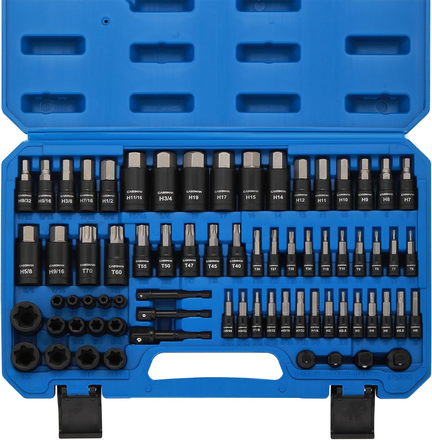 71-Piece Master Hex & Torx Bit Socket Set, 1/4" & 3/8" & 1/2" Drive, Metric/Sae Hex Bit Sockets, Star Bit Sockets (T6 - T70), E-Torx Sockets (E4 - E24), with Storage Case