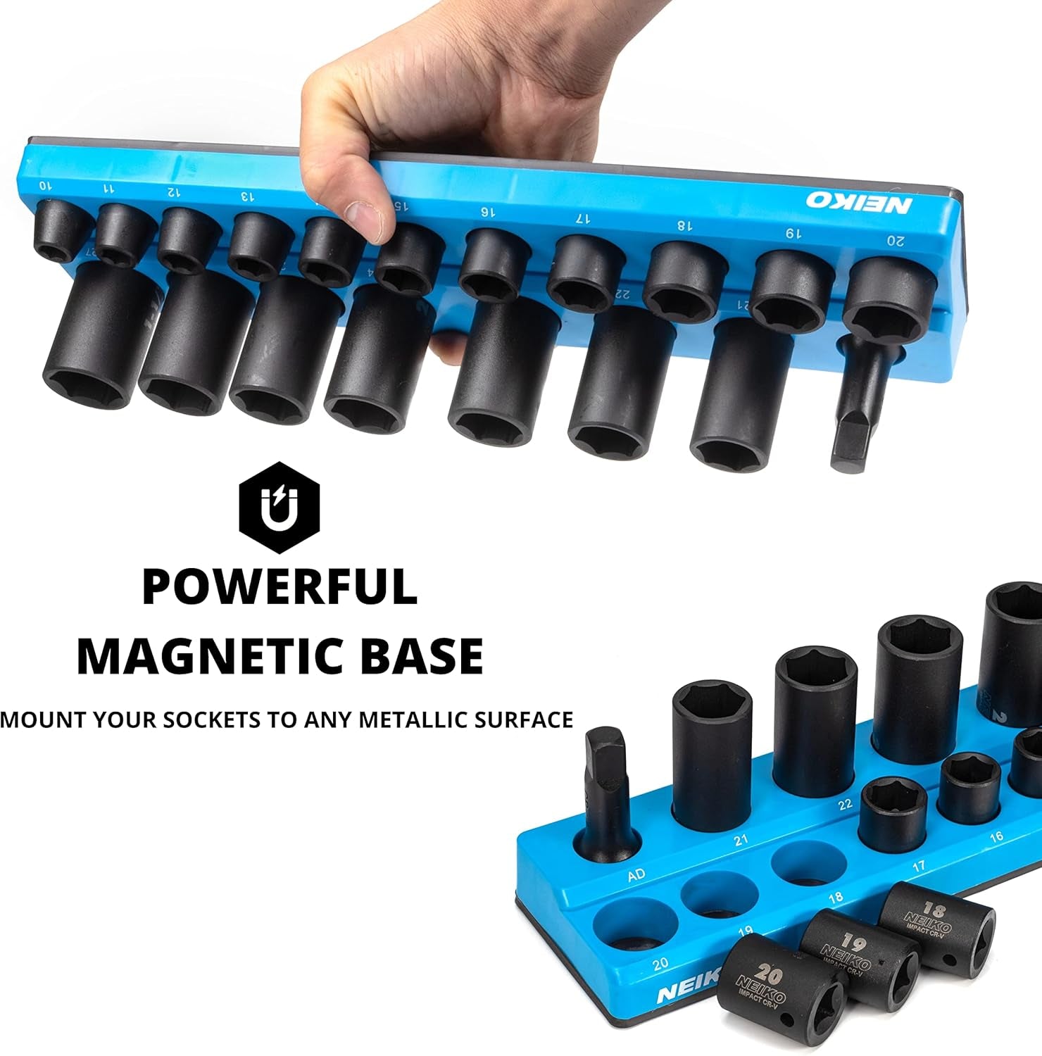 03975A Magnetic Socket Holder, 1/2” Drive, 10Mm-27Mm, Shallow & Deep Sockets Tray, Metric Socket Set Organizer, Socket Organizers for Toolboxes Trays, Scratch Free Mounting, High Visibility