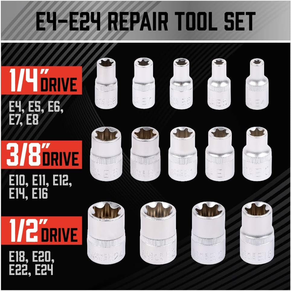 14-Piece E-TORX Socket Set - Premium Female Torx Socket Set, Ultimate Torque Star Sockets, External Torx Sockets, E4 E5 E6 E7 E8 E10 E11 E12 E14 E16 E18 E20 E22 E24