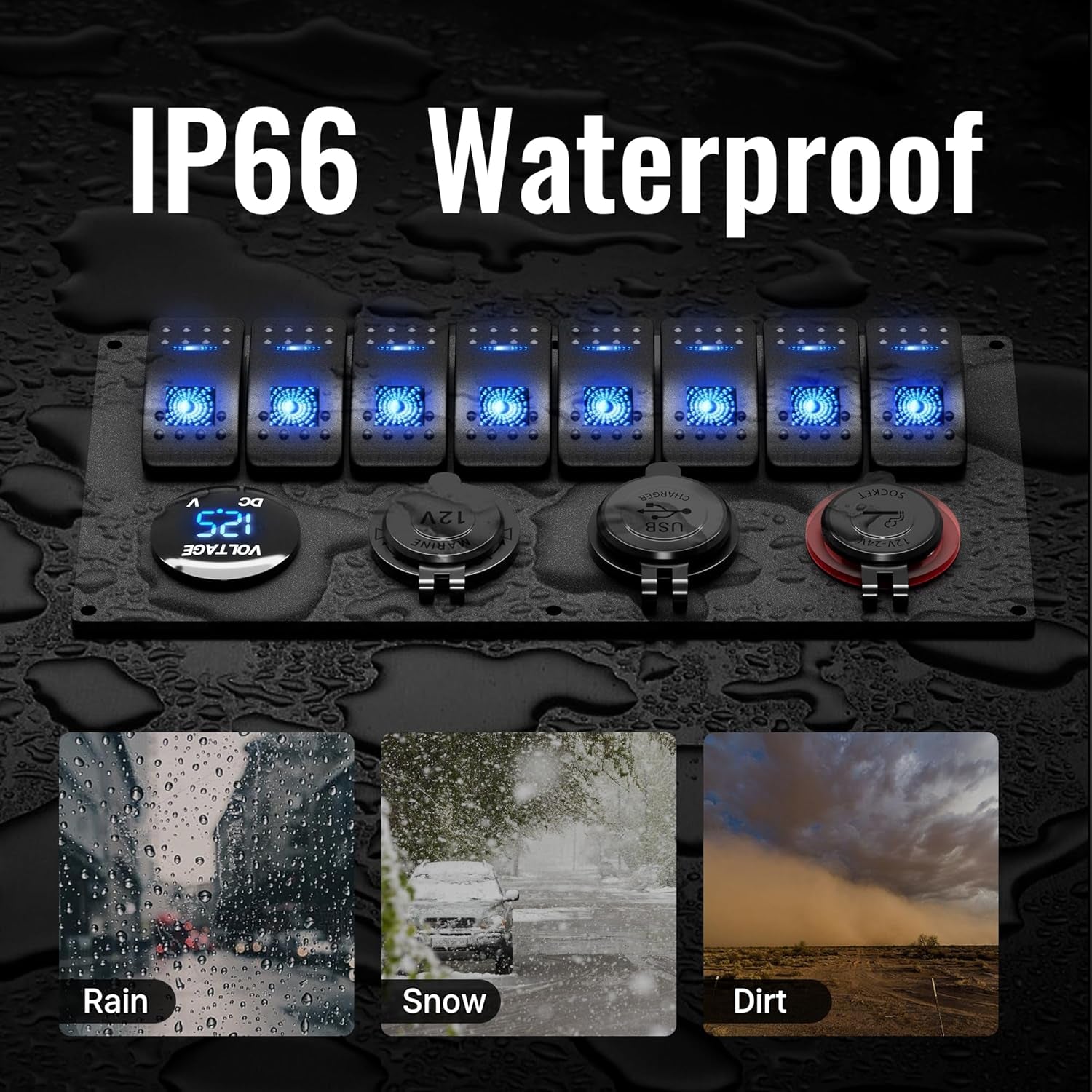 Marine Boat Switch Panel Waterproof 8 Gang 12V Rocker Switch Panel 12 Volt Toggle Switch Panel Blue LED Lighted for Automotive Car Truck