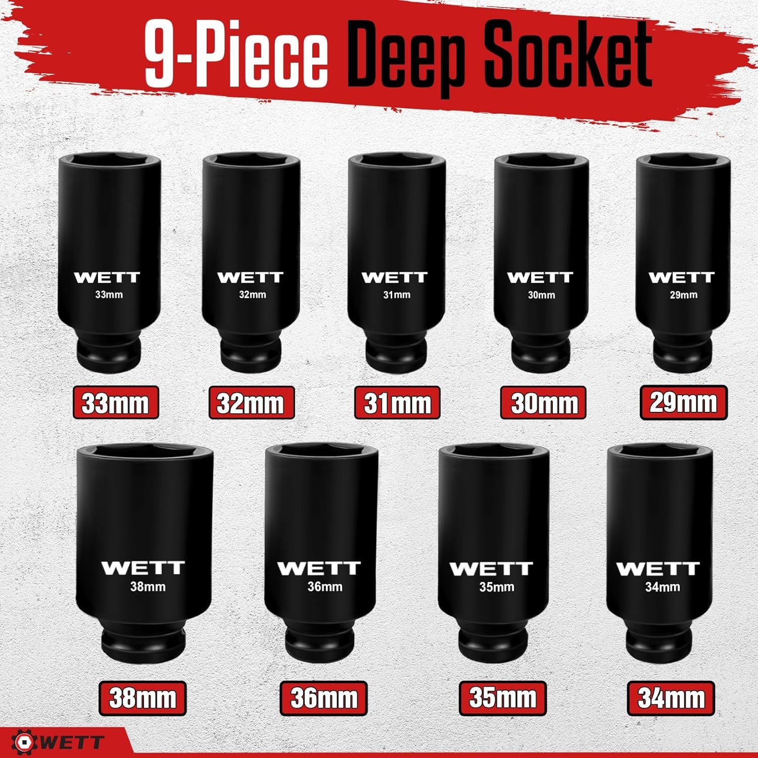 1/2" Drive Deep Large Impact Socket Set, 9-Piece Spindle Axle Nut Metric 6 Point Sockets Set, CR-V, 29Mm-38Mm