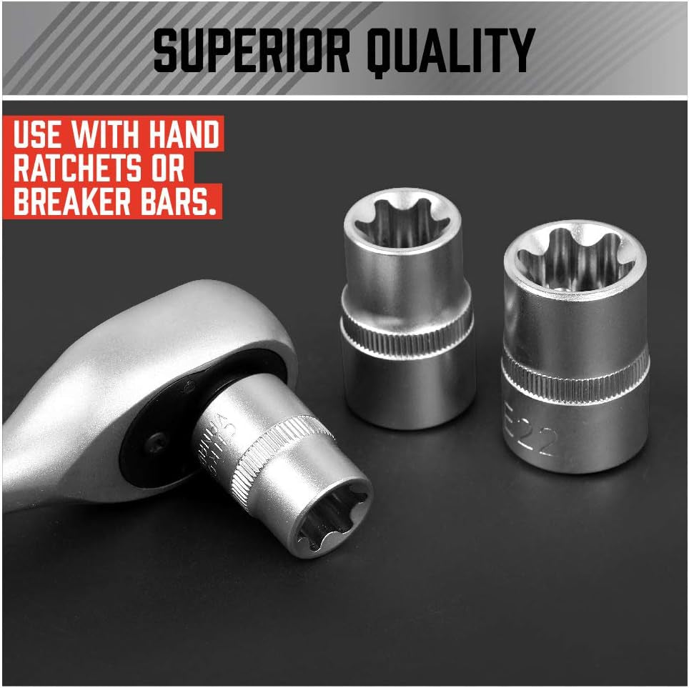 14-Piece E-TORX Socket Set - Premium Female Torx Socket Set, Ultimate Torque Star Sockets, External Torx Sockets, E4 E5 E6 E7 E8 E10 E11 E12 E14 E16 E18 E20 E22 E24