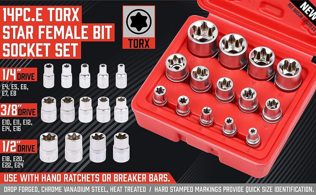 14-Piece E-TORX Socket Set - Premium Female Torx Socket Set, Ultimate Torque Star Sockets, External Torx Sockets, E4 E5 E6 E7 E8 E10 E11 E12 E14 E16 E18 E20 E22 E24