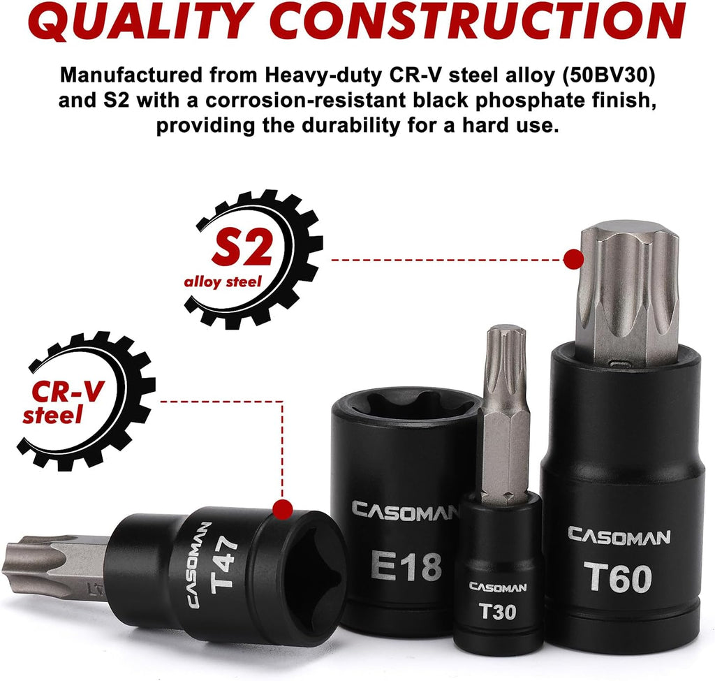 71-Piece Master Hex & Torx Bit Socket Set, 1/4" & 3/8" & 1/2" Drive, Metric/Sae Hex Bit Sockets, Star Bit Sockets (T6 - T70), E-Torx Sockets (E4 - E24), with Storage Case