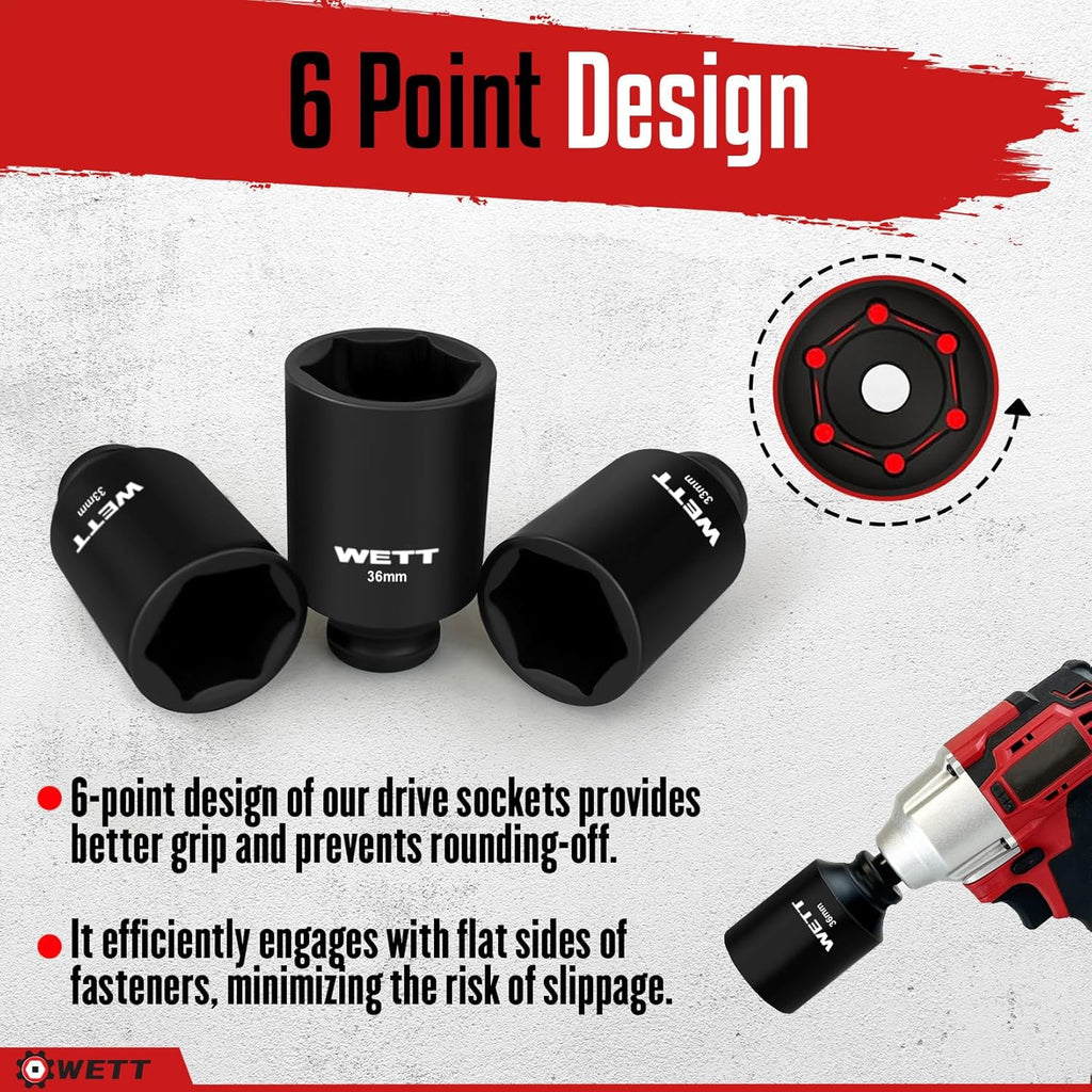 1/2" Drive Deep Large Impact Socket Set, 9-Piece Spindle Axle Nut Metric 6 Point Sockets Set, CR-V, 29Mm-38Mm