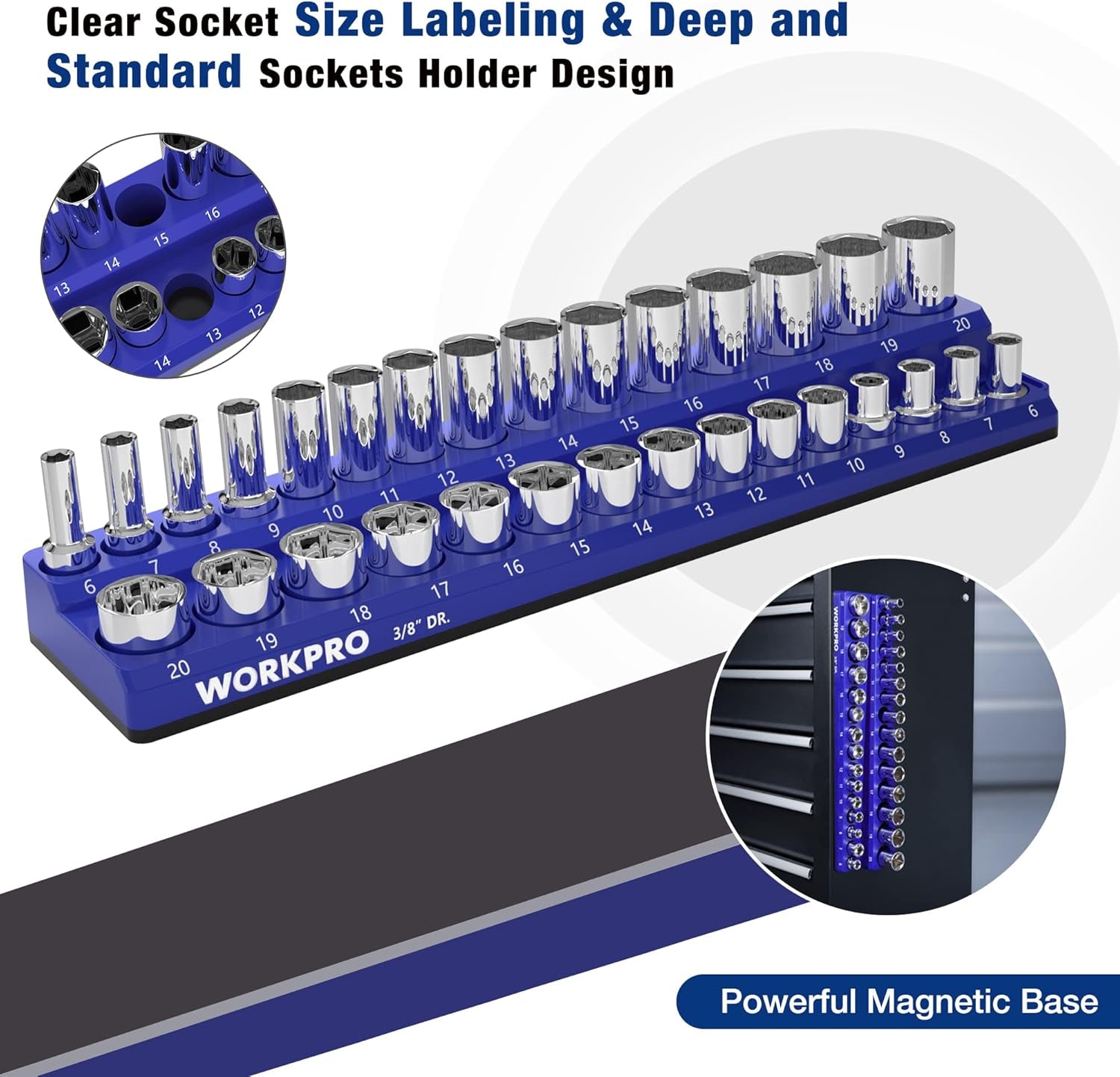 3/8" Metric Magnetic Socket Organizer, Holds 30 Pieces, Standard & Deep Sockets (Sockets Not Included)