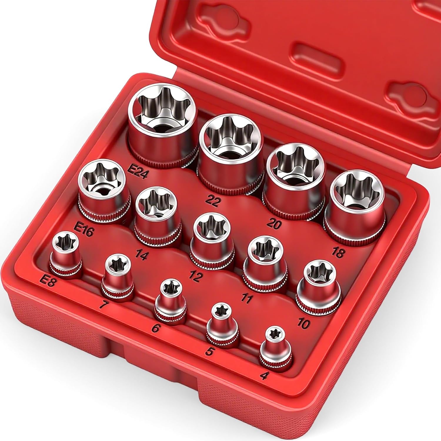14-Piece E-TORX Socket Set - Premium Female Torx Socket Set, Ultimate Torque Star Sockets, External Torx Sockets, E4 E5 E6 E7 E8 E10 E11 E12 E14 E16 E18 E20 E22 E24
