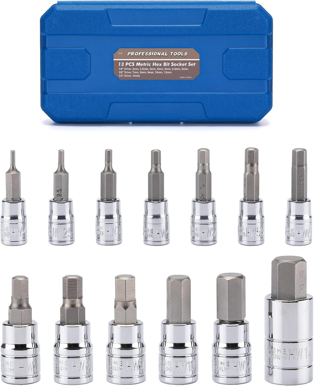 13PCS Metric Hex Bit Socket Set, CR-V Allen Bit Socket Kit, S2 Steel, 2Mm - 14Mm, 1/4", 3/8" & 1/2" Drive