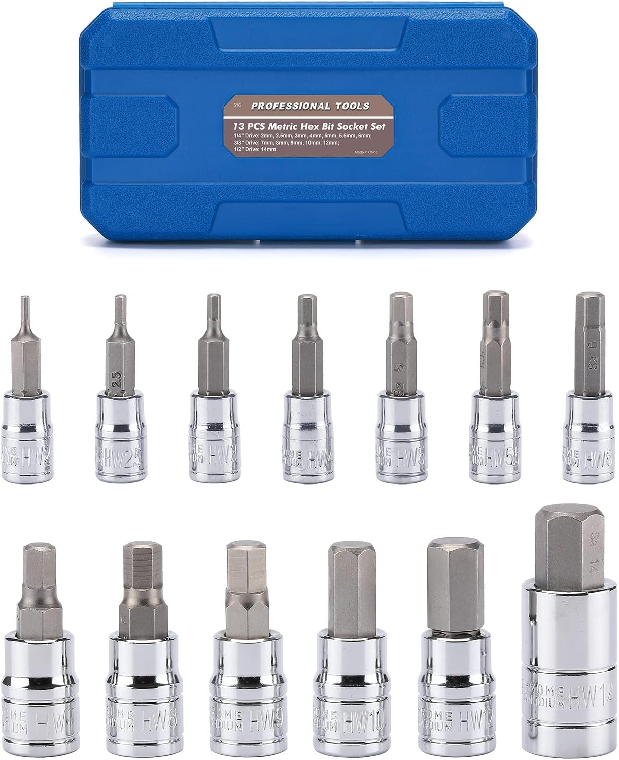 13PCS Metric Hex Bit Socket Set, CR-V Allen Bit Socket Kit, S2 Steel, 2Mm - 14Mm, 1/4", 3/8" & 1/2" Drive