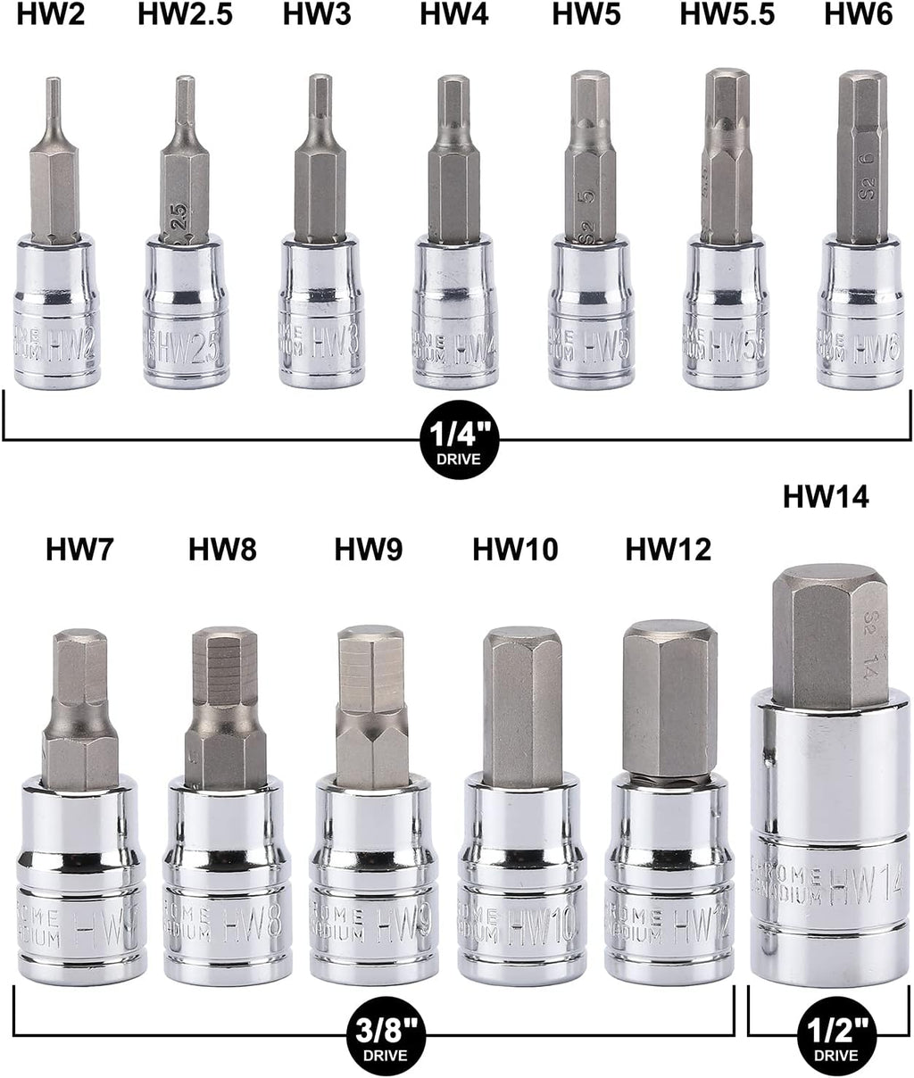 13PCS Metric Hex Bit Socket Set, CR-V Allen Bit Socket Kit, S2 Steel, 2Mm - 14Mm, 1/4", 3/8" & 1/2" Drive