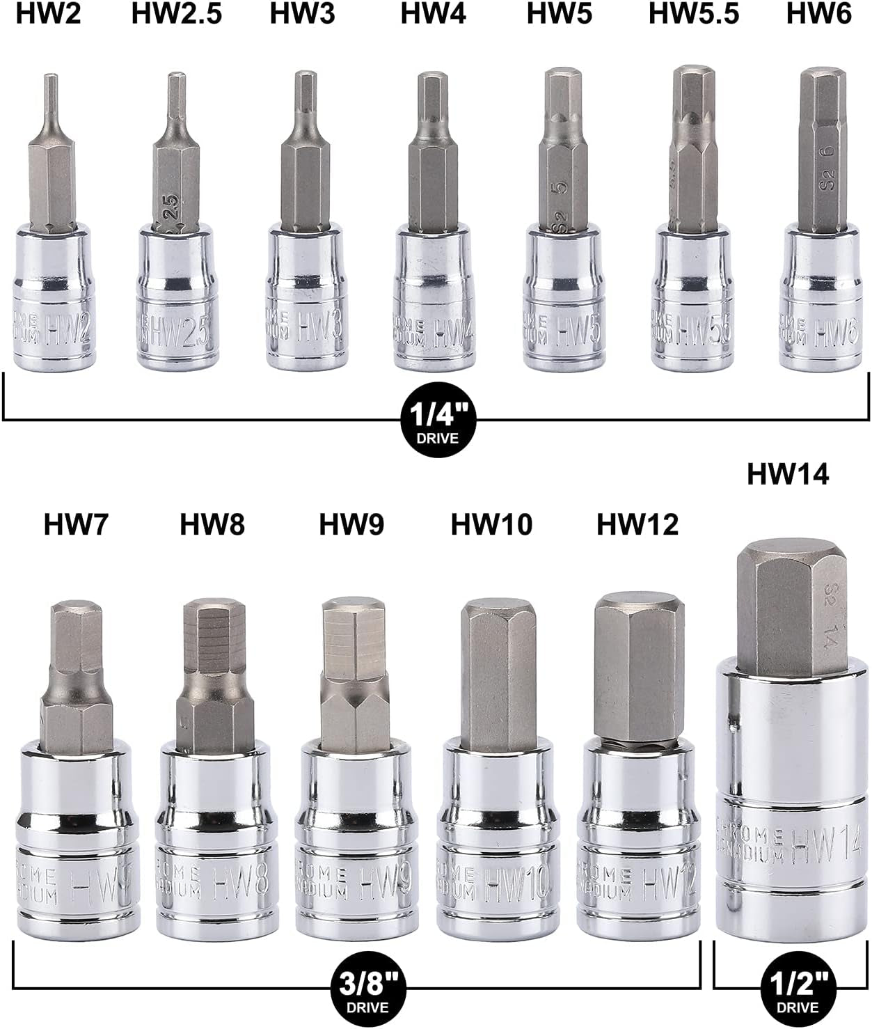 13PCS Metric Hex Bit Socket Set, CR-V Allen Bit Socket Kit, S2 Steel, 2Mm - 14Mm, 1/4", 3/8" & 1/2" Drive