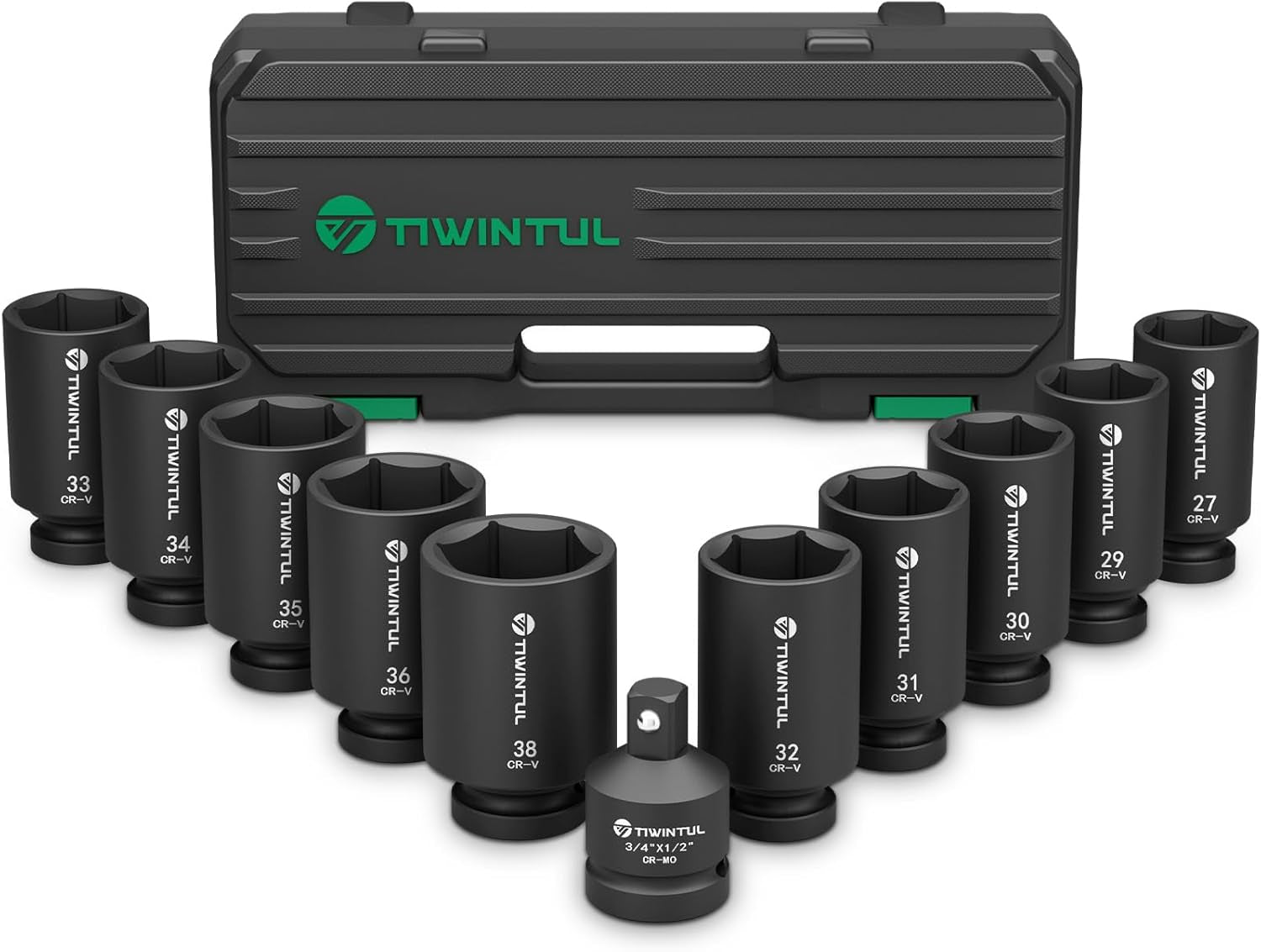 11-Piece Axle Nut Socket Set, Metric 1/2 Impact Socket 27Mm-38Mm, CR-MO 3/4"-1/2" Adapter, 6-Point Deep Socket Set for Installing and Removing Axle Nuts, with Portable Storage Case