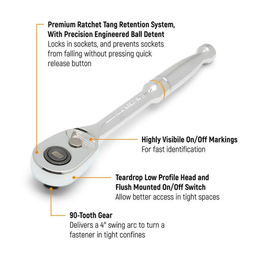 1/2 In. Drive 90-Tooth Quick Release Teardrop Ratchet
