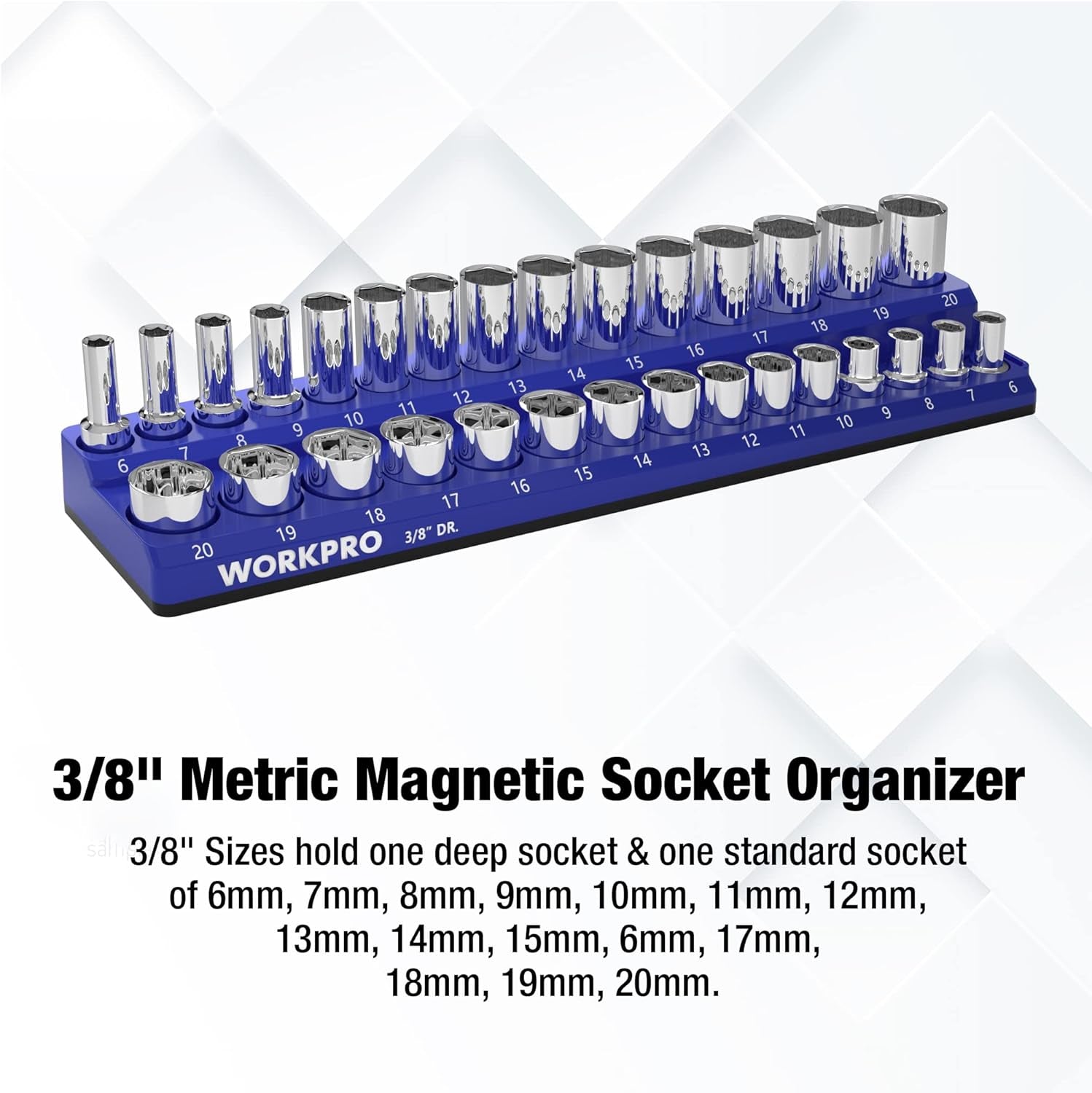 3/8" Metric Magnetic Socket Organizer, Holds 30 Pieces, Standard & Deep Sockets (Sockets Not Included)