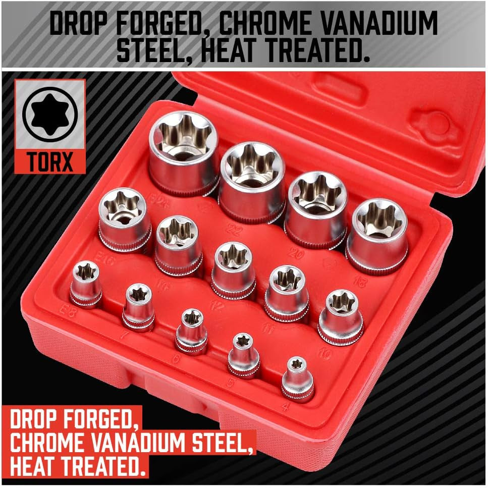 14-Piece E-TORX Socket Set - Premium Female Torx Socket Set, Ultimate Torque Star Sockets, External Torx Sockets, E4 E5 E6 E7 E8 E10 E11 E12 E14 E16 E18 E20 E22 E24