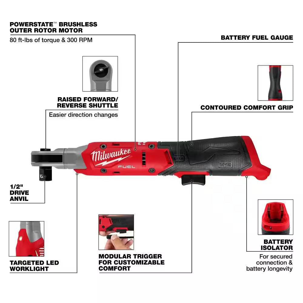 M12 FUEL 12V Lithium-Ion 1/2 In. Compact Cordless Ratchet, & 4. 0Ah (2-Pack)